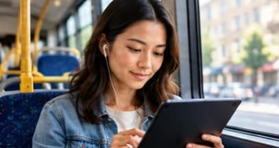 A woman wearing earbuds, studying on a tablet on a bus