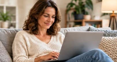 A woman on a couch studying on her laptop