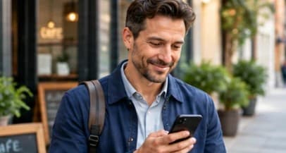 A man outside a cafe smiling at his phone