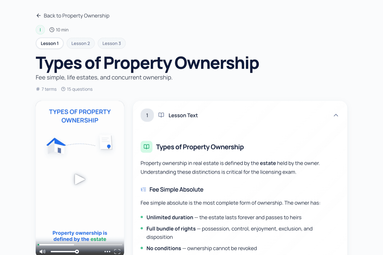 A lesson on types of property ownership, with its video and lesson text