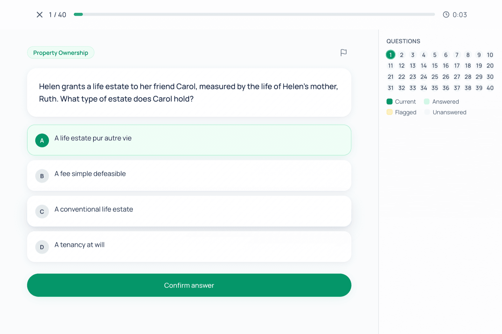 A practice question with an answer selected and the question navigator beside it